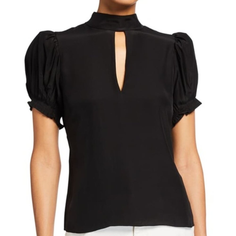 Frame Keyhole Neck Pleated Silk Party Top Black Size S